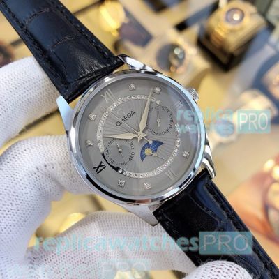 Perfect Replica Omega Grey Dial Black Leather Strap Watch